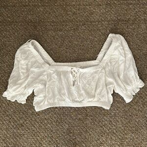 H&M White Puff Sleeve Peasant Top with Tie Front